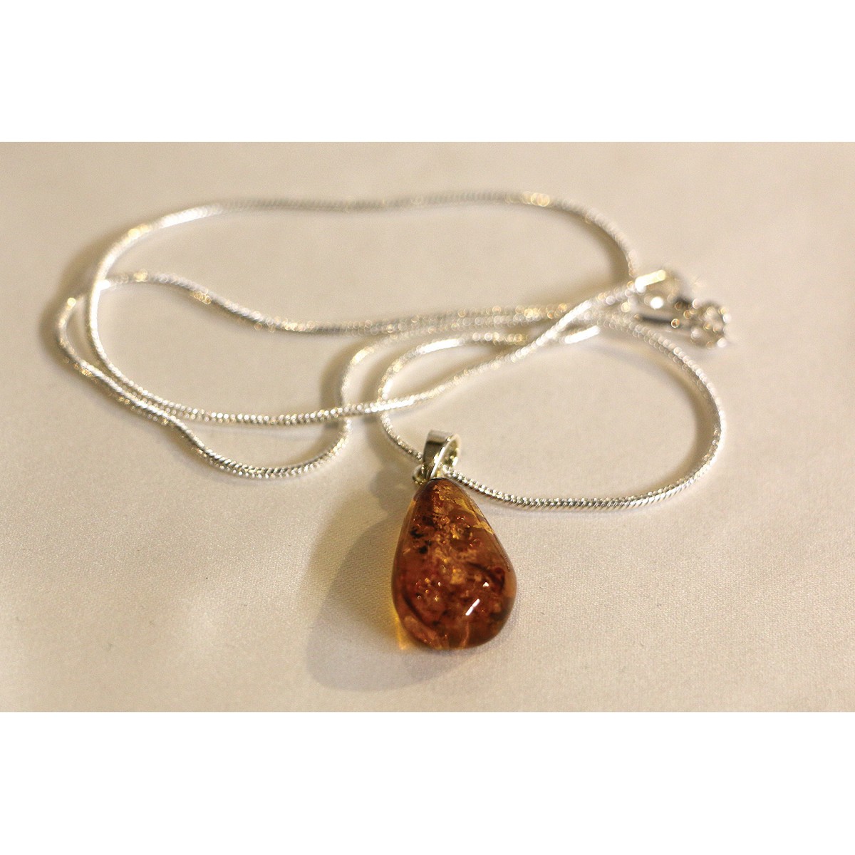 Ensemble Chaîne Argent + Pendentif Goutte Ambre